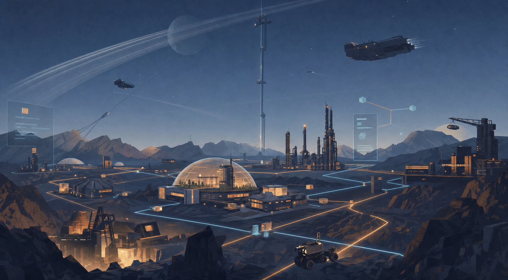 Retro minimal build network showing colony automation, trade routes, ships, and orbital infrastructure.