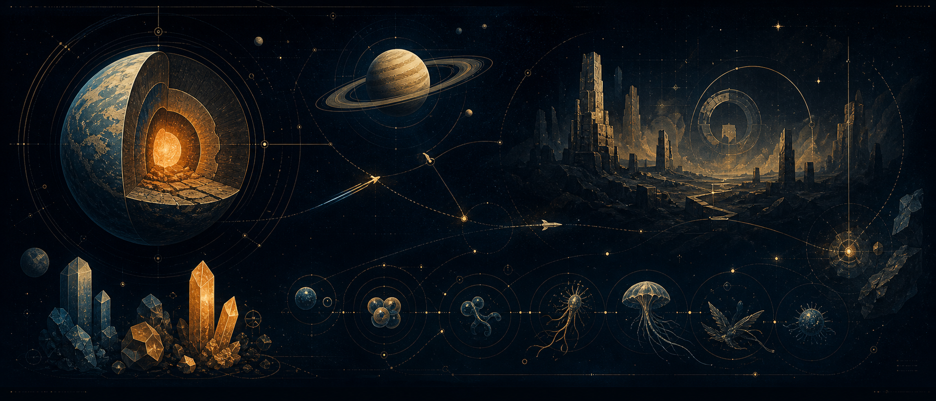 Retro minimal discovery atlas with exotic planets, ancient ruins, rare crystals, alien life, spacecraft routes, and orbital scanner lines.