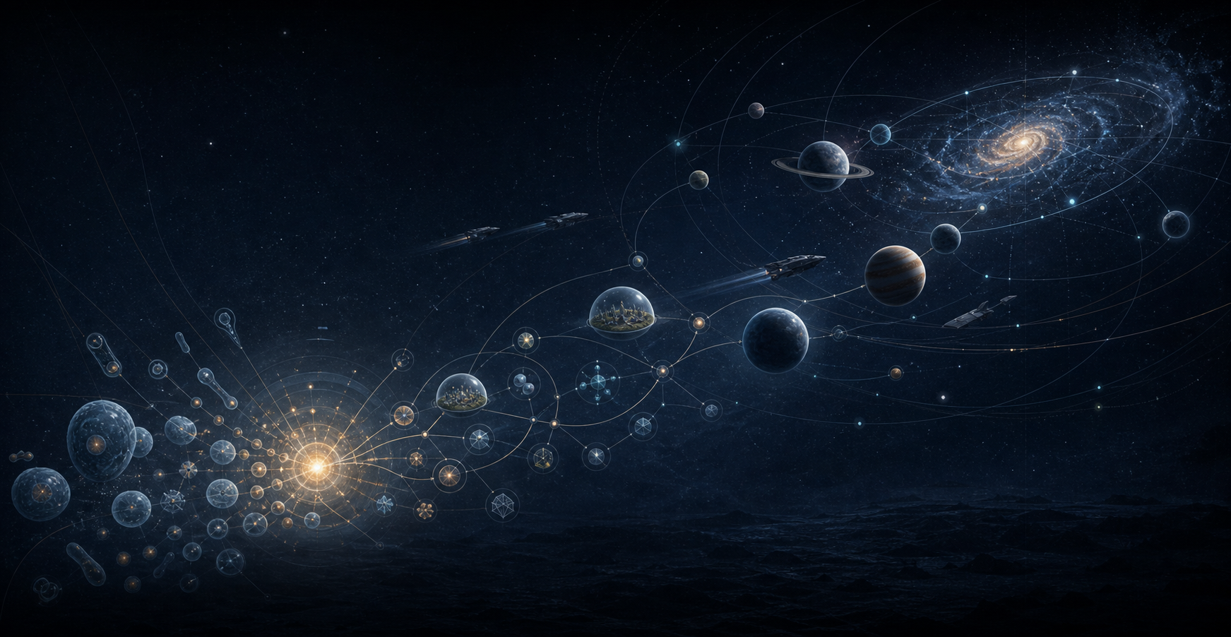Retro minimal NOVERIS first spark evolving into connected planets, ships, resources, and a galaxy map.